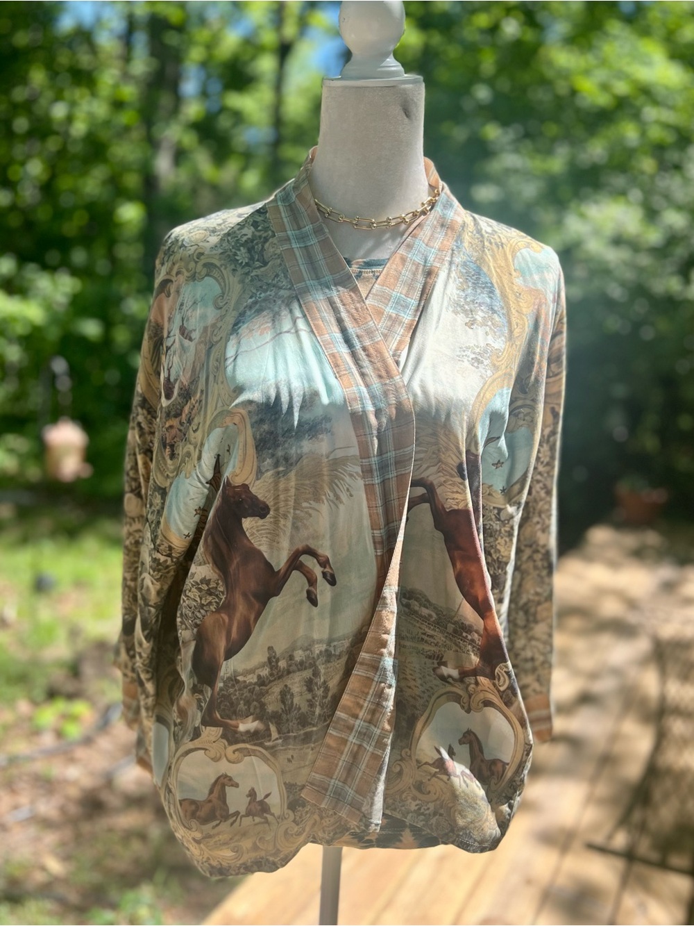 Market of Stars Women’s Horse-Print Wrap Top in Sage and Tan